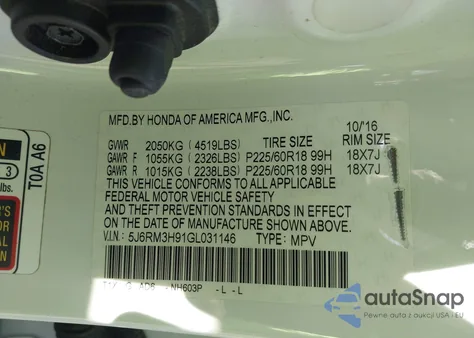 2016 Honda Cr-V Touring from USA, damaged, VIN 5J6RM3H91GL031146